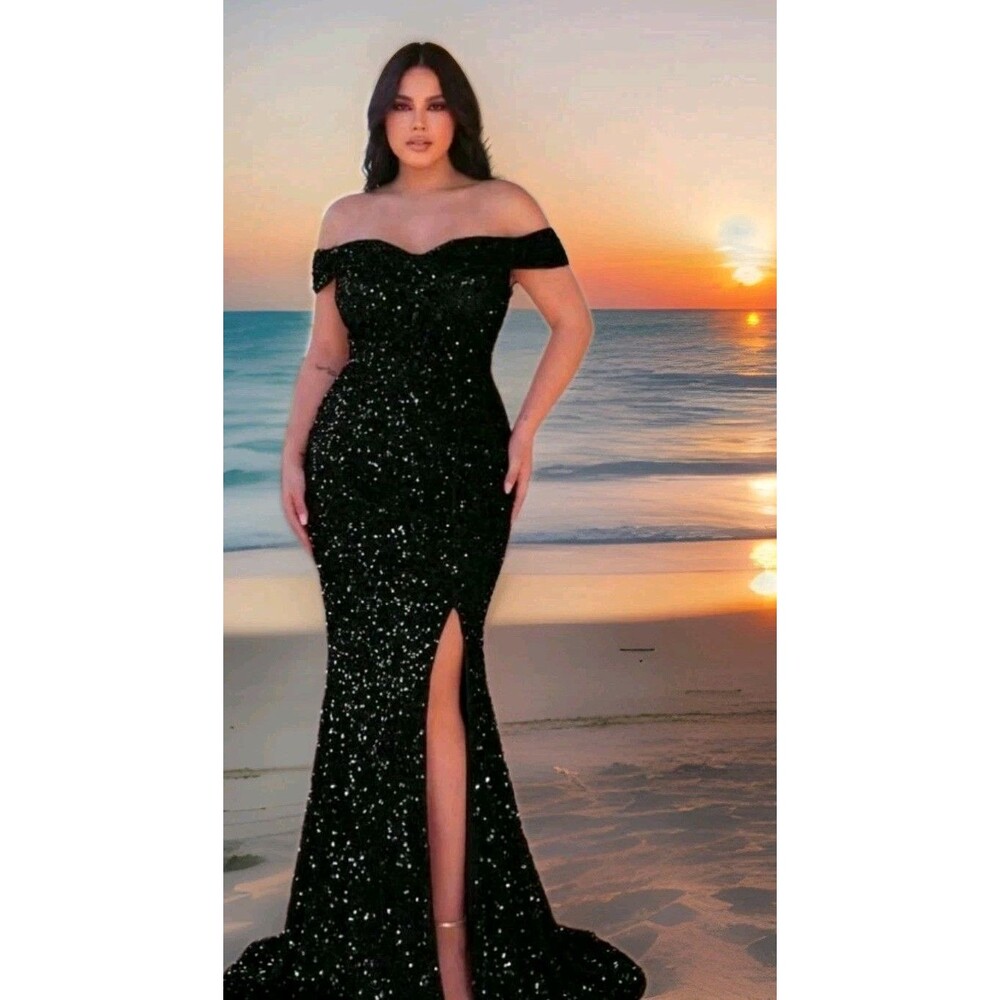 Black Sequin Dress Formal Long Gown Women's XL High Split Off Shoulder Faeriesty